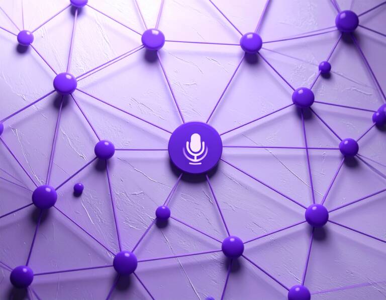 Abstract business connection network on white textured wall, violet nodes and connect